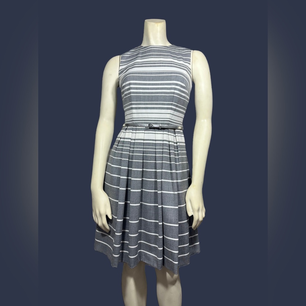 Calvin Klein White and Gray Pleated A-Line Belted Knee-length Dress